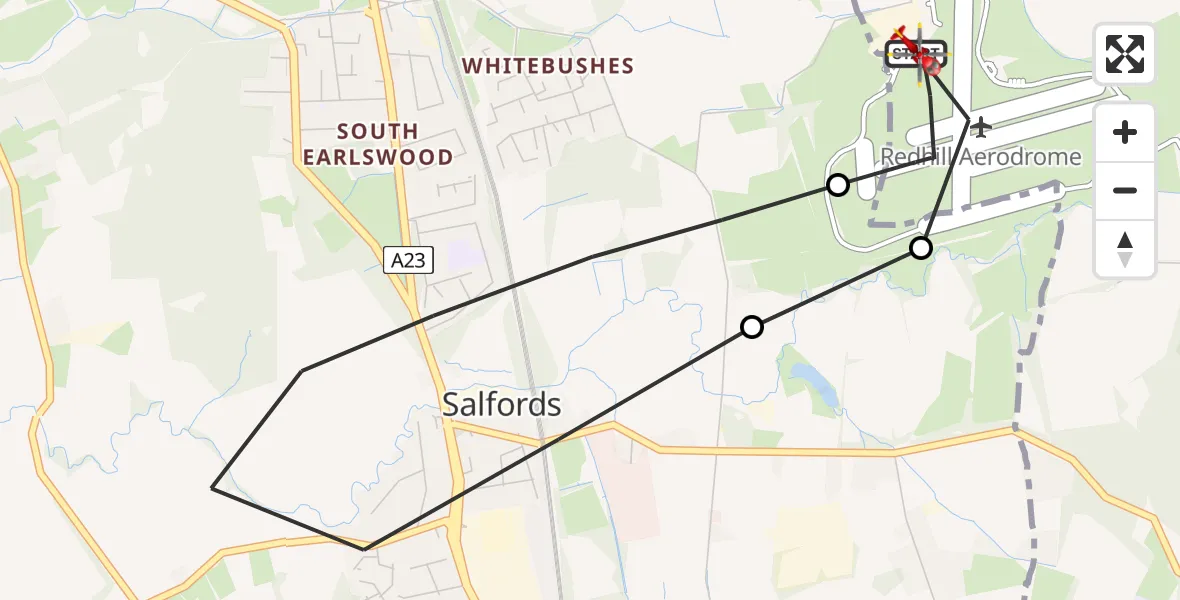 Flight path map showing Air Ambulance Helicopter route from Redhill Aerodrome to Redhill Aerodrome