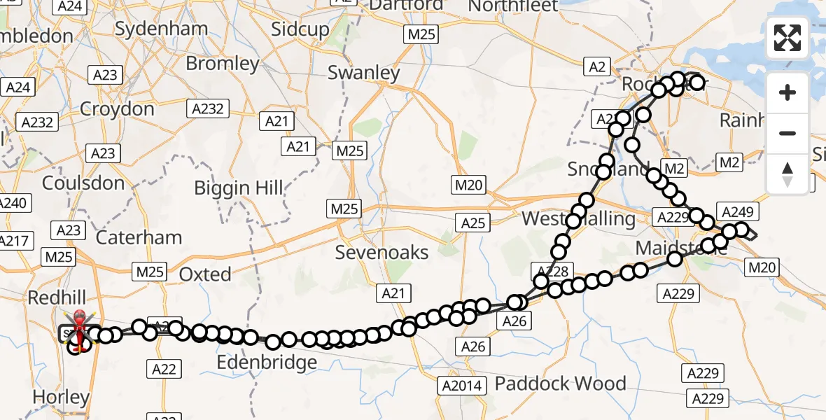 Flight path map showing Air Ambulance Helicopter route from Redhill Aerodrome to Redhill Aerodrome