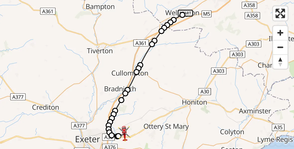 Routekaart van de vlucht: Air Ambulance Helicopter to Exeter International Airport, Exeter International Airport