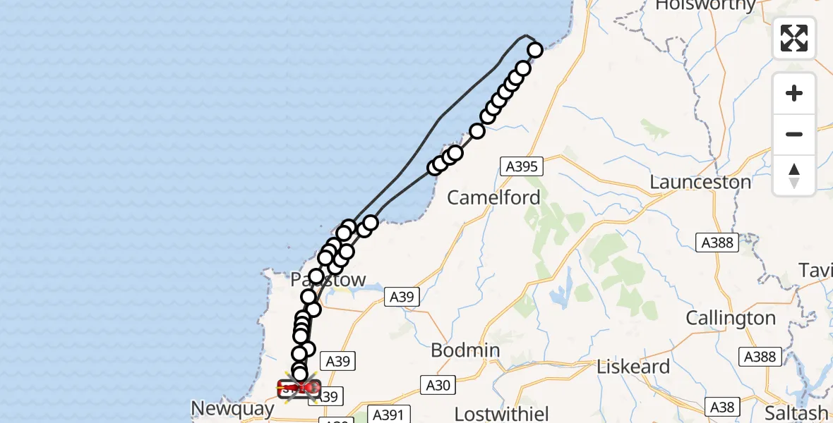 Flight path map showing Air Ambulance Helicopter route from Cornwall Airport Newquay to Cornwall Airport Newquay