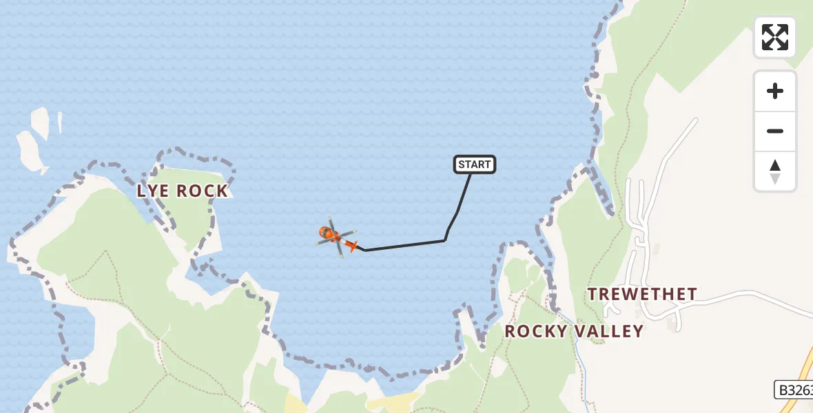 Flight route map: Coastguard Helicopter to Tintagel, Bossiney Road