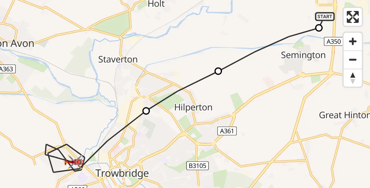 Flight route map: Air Ambulance Helicopter to Trowbridge, Cranmore Close