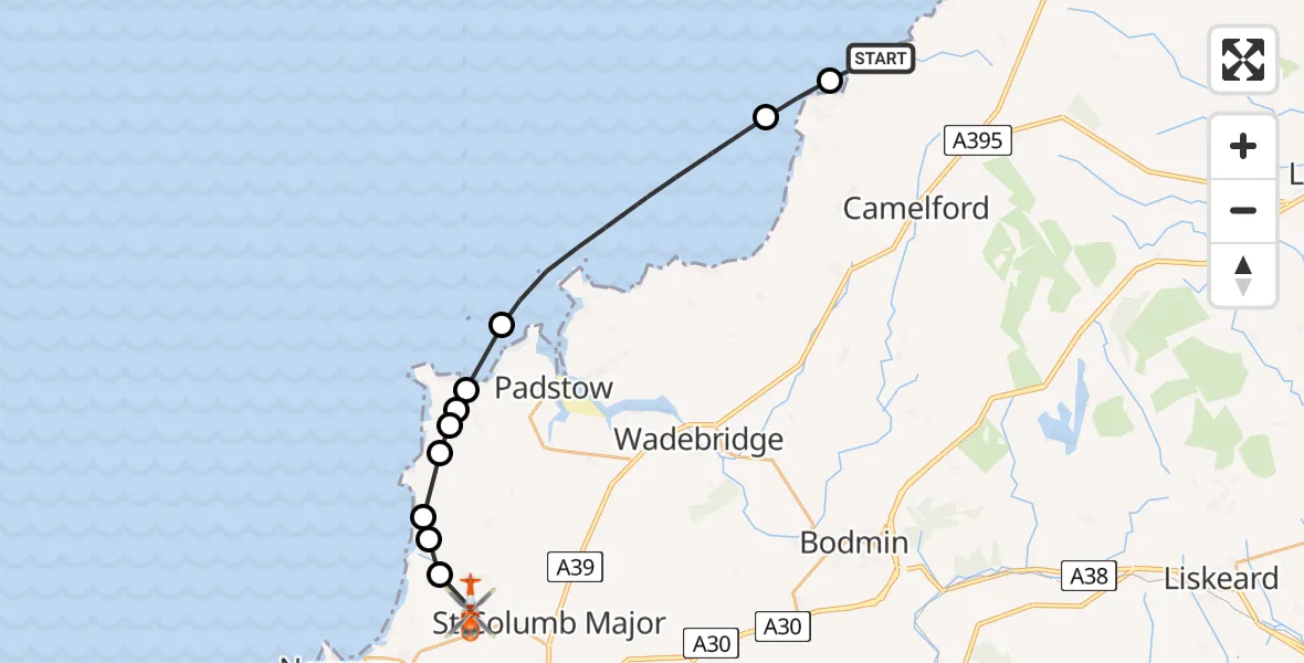 Routekaart van de vlucht: Coastguard Helicopter to Cornwall Airport Newquay, Cornwall Airport Newquay