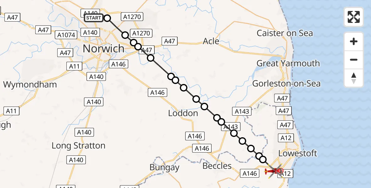Flight route map: Air Ambulance Helicopter to Carlton Colville, Chestnut Crescent