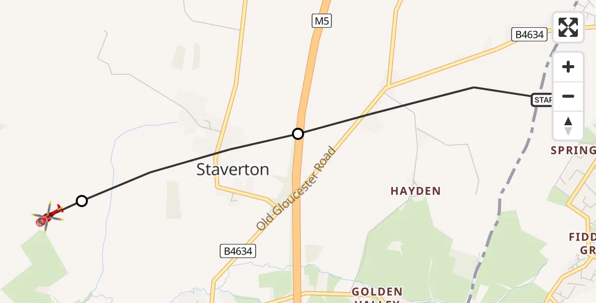 Routekaart van de vlucht: Air Ambulance Helicopter to Down Hatherley, Commerce Road