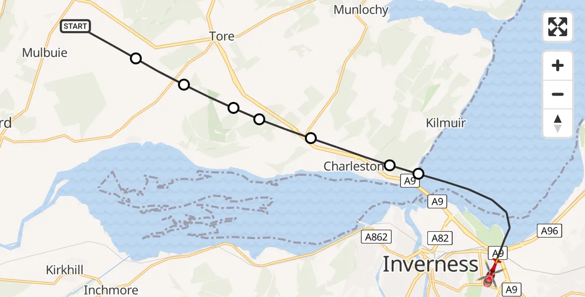 Flight route map: Air Ambulance Helicopter to Inverness, Sir Walter Scott Drive