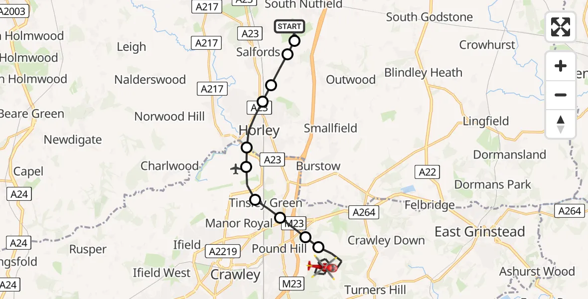 Flight route map: Air Ambulance Helicopter to Mid Sussex, Turners Hill Road