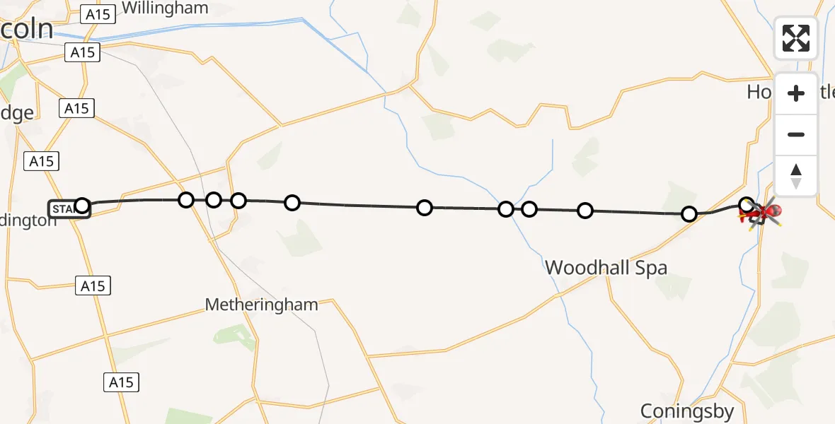 Flight route map: Air Ambulance Helicopter to Haltham, A153