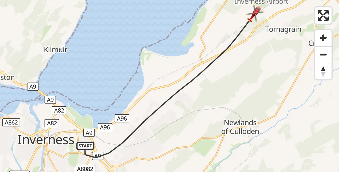 Flight route map: Air Ambulance Helicopter to Tornagrain, Tornagrain