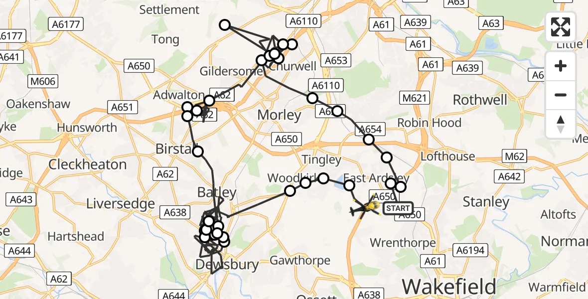 Flight path map showing Police Helicopter route from Wakefield to East Ardsley