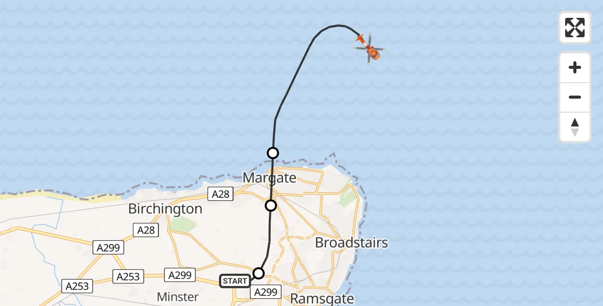 Flight route map: Coastguard Helicopter to North Sea, North Sea
