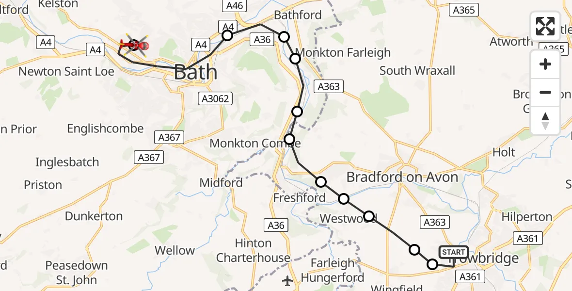 Flight route map: Air Ambulance Helicopter to Royal United Hospital Bath, Royal United Hospital Bath