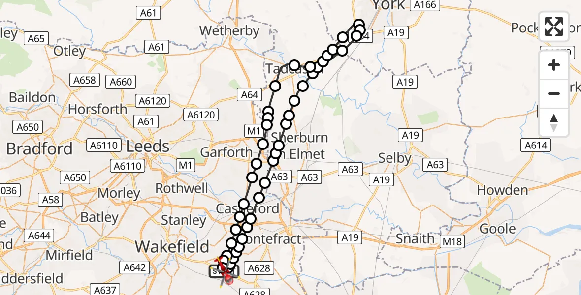 Flight path map showing Air Ambulance Helicopter route from YAA Nostell Helicopter Port to YAA Nostell Helicopter Port
