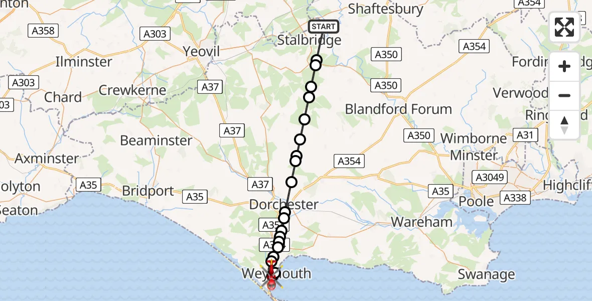 Flight route map: Air Ambulance Helicopter to Weymouth, Knightsdale Road