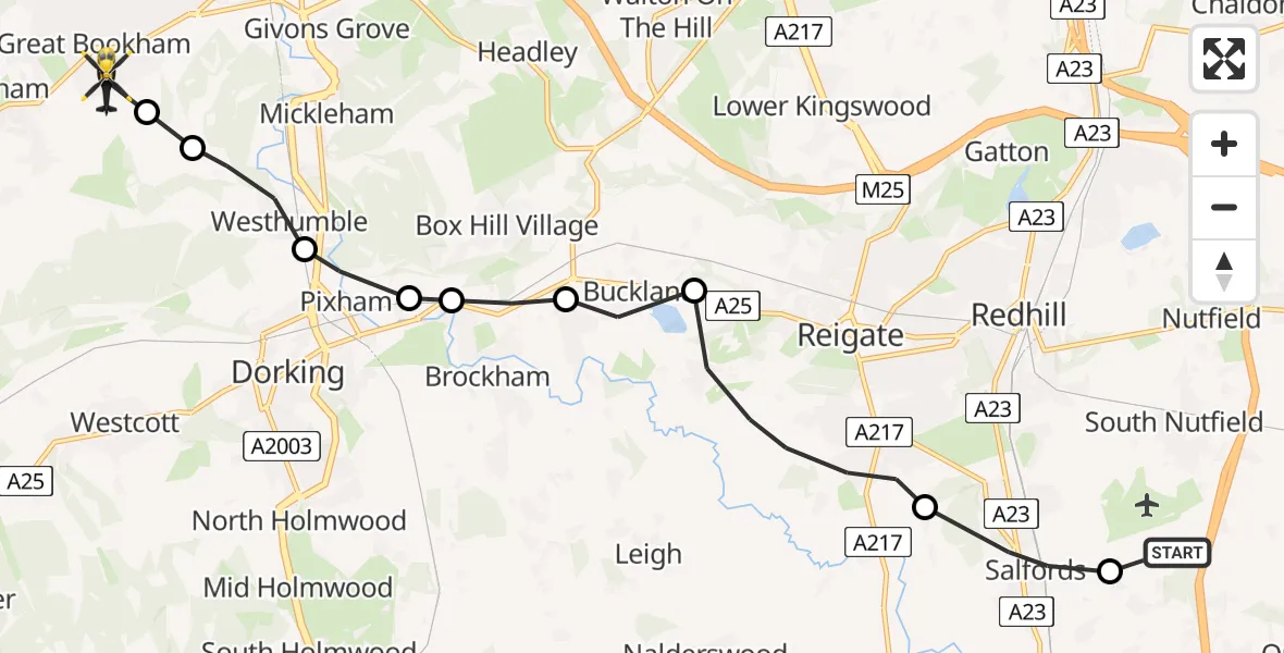 Routekaart van de vlucht: Police Helicopter to Great Bookham, West Down