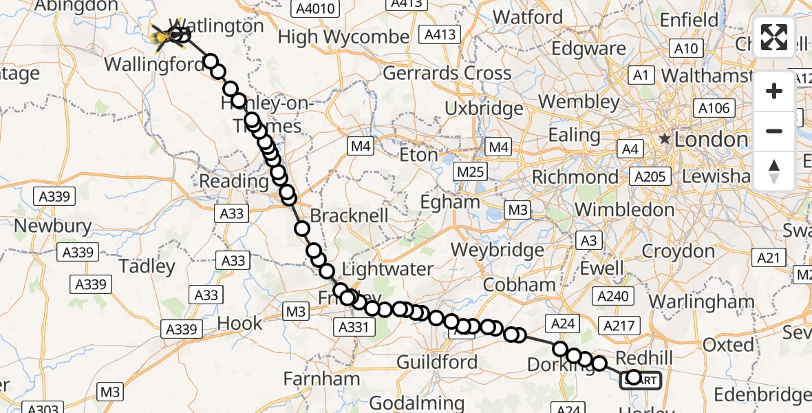 Flight route map: Police Helicopter to Ewelme, The Sands