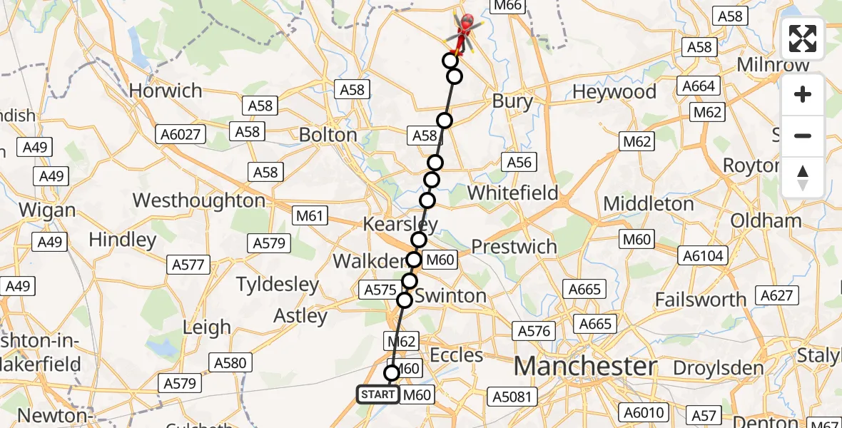 Flight route map: Air Ambulance Helicopter to Tottington, Shepherd Street