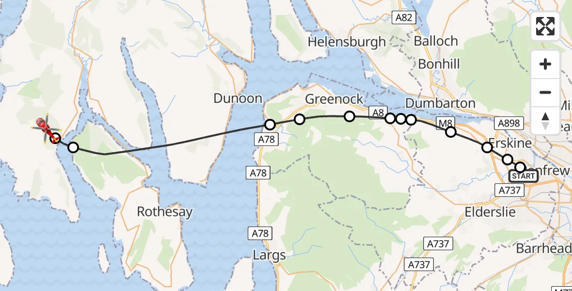 Flight path map showing Air Ambulance Helicopter route from Glasgow Airport to Inner Seas