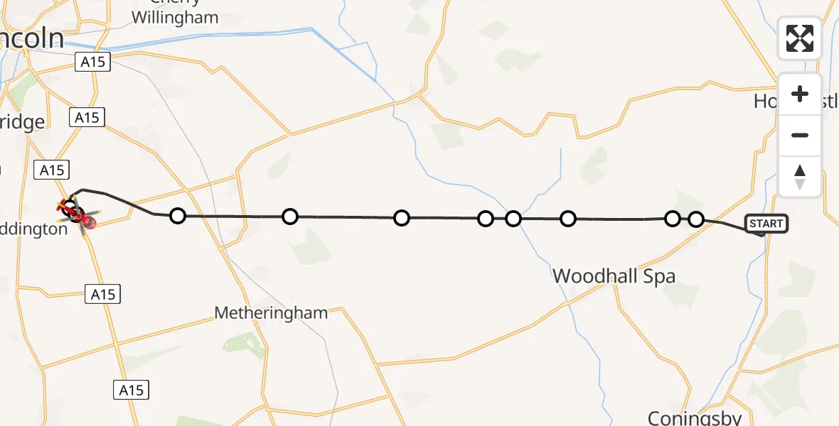 Routekaart van de vlucht: Air Ambulance Helicopter to North Kesteven, Sleaford Road