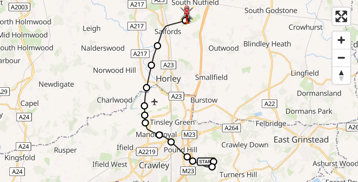 Routekaart van de vlucht: Air Ambulance Helicopter to Redhill Aerodrome, Redhill Aerodrome