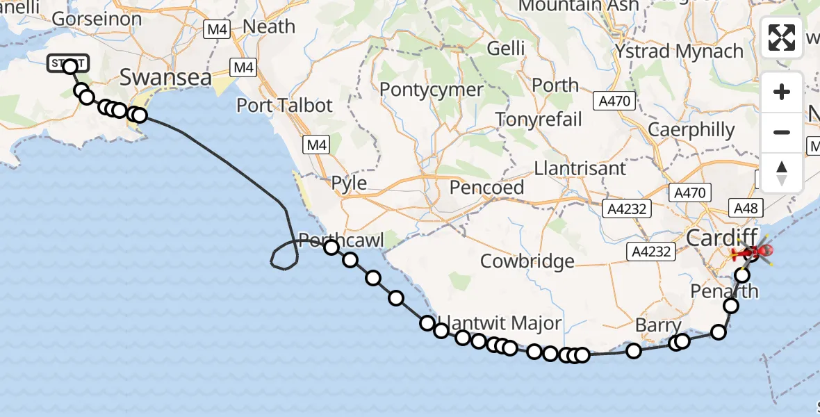Routekaart van de vlucht: Air Ambulance Helicopter to Cardiff Heliport, Cardiff Heliport