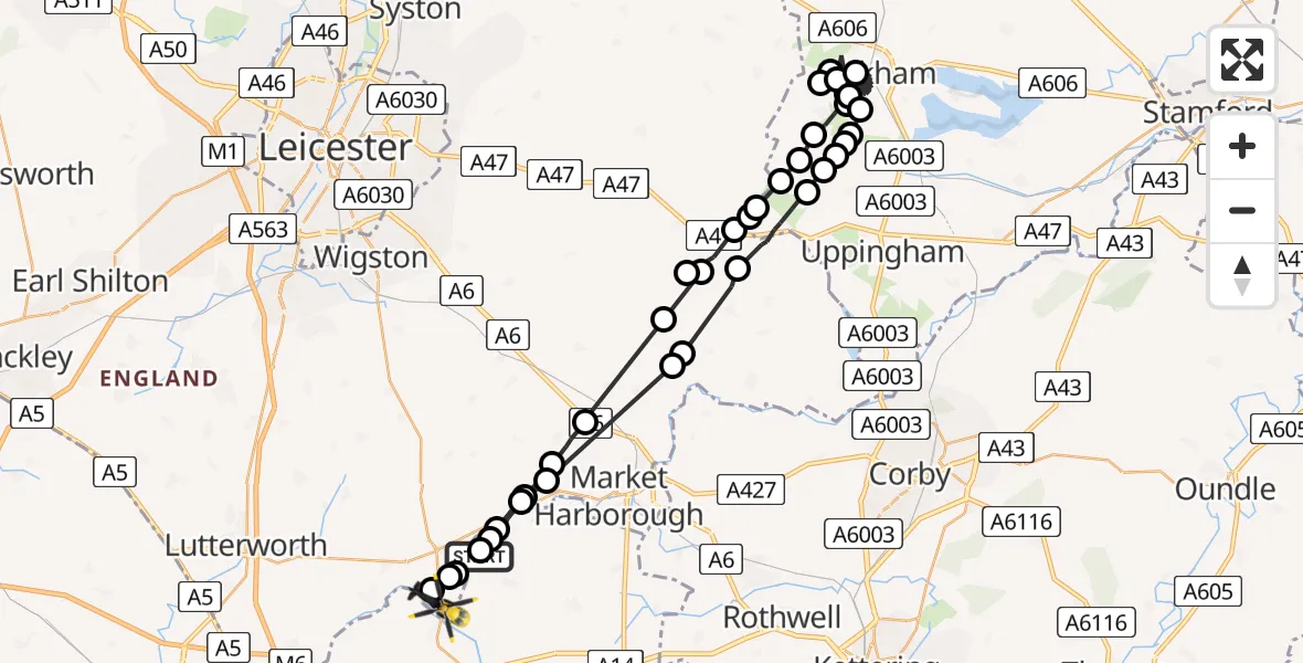 Flight route map: Police Helicopter to Husbands Bosworth, Welford Road