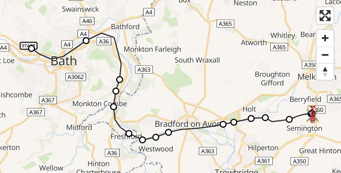 Flight route map: Air Ambulance Helicopter to Wiltshire Air Ambulance, Wiltshire Air Ambulance