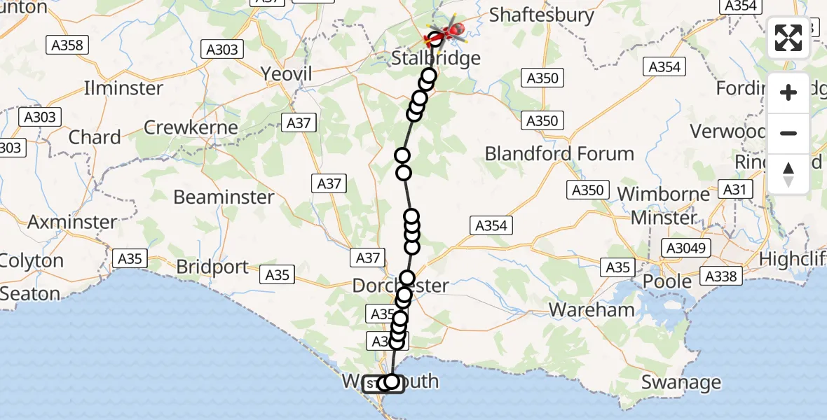 Flight route map: Air Ambulance Helicopter to Henstridge, Henstridge Airfield