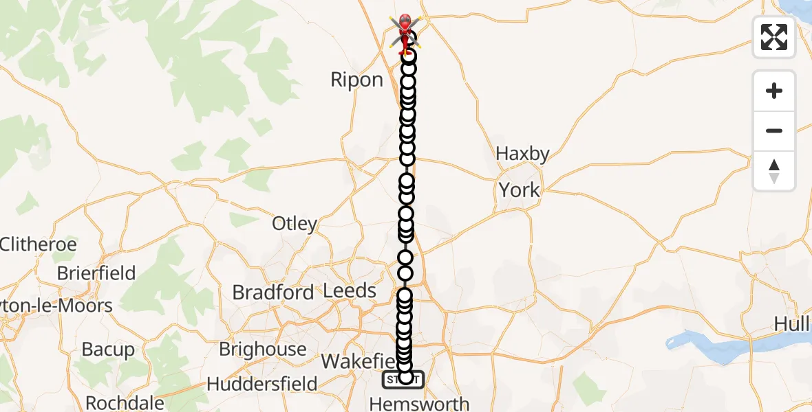 Flight route map: Air Ambulance Helicopter to RAF Topcliffe, RAF Topcliffe