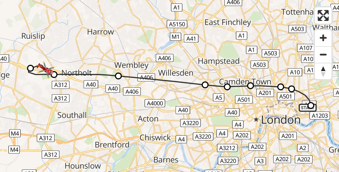 Flight route map: Air Ambulance Helicopter to RAF Northolt, RAF Northolt