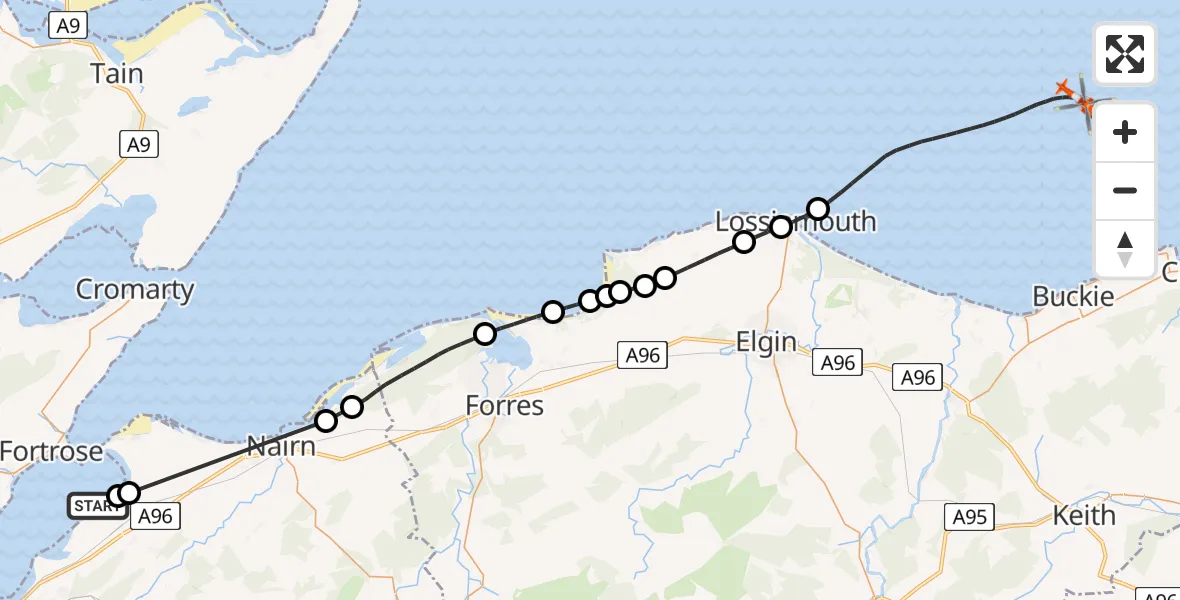 Flight route map: Coastguard Helicopter to North Sea, North Sea