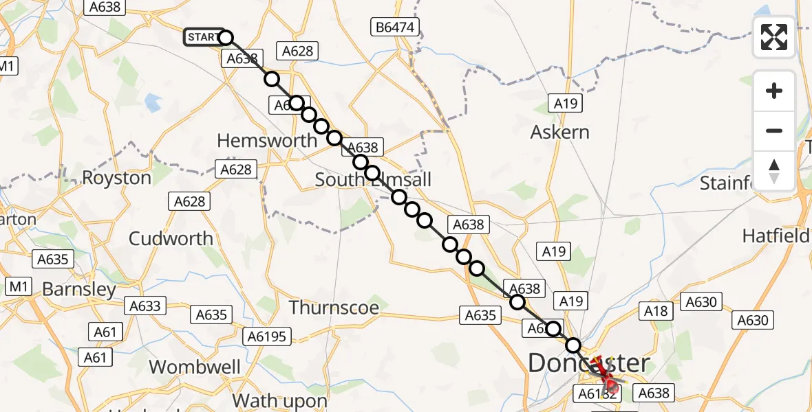 Flight route map: Air Ambulance Helicopter to Doncaster, Carr House Road