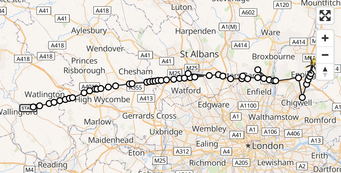 Flight route map: Police Helicopter to North Weald Bassett, Weald Hall Lane