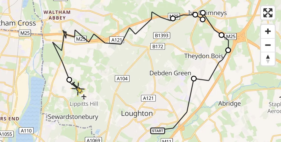 Flight route map: Police Helicopter to Sewardstonebury, Blind Lane