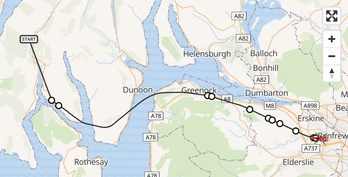 Flight route map: Air Ambulance Helicopter to Glasgow Airport, Glasgow Airport