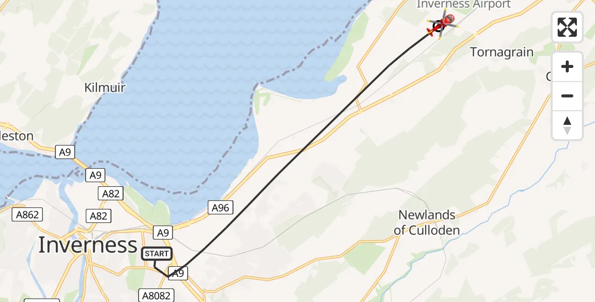 Flight route map: Air Ambulance Helicopter to Tornagrain, Tornagrain
