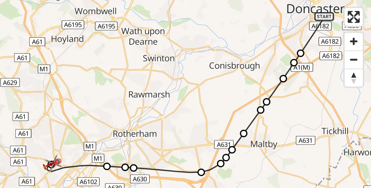 Routekaart van de vlucht: Air Ambulance Helicopter to Sheffield Northern Hospital, Sheffield Northern Hospital