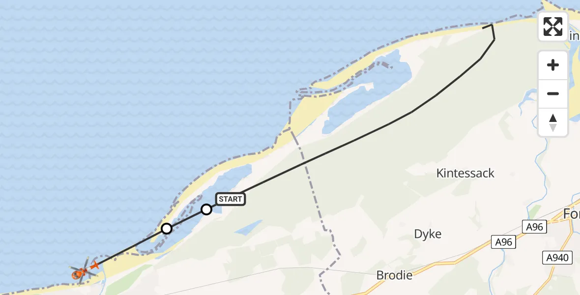 Flight route map: Coastguard Helicopter to Nairn, Links Place