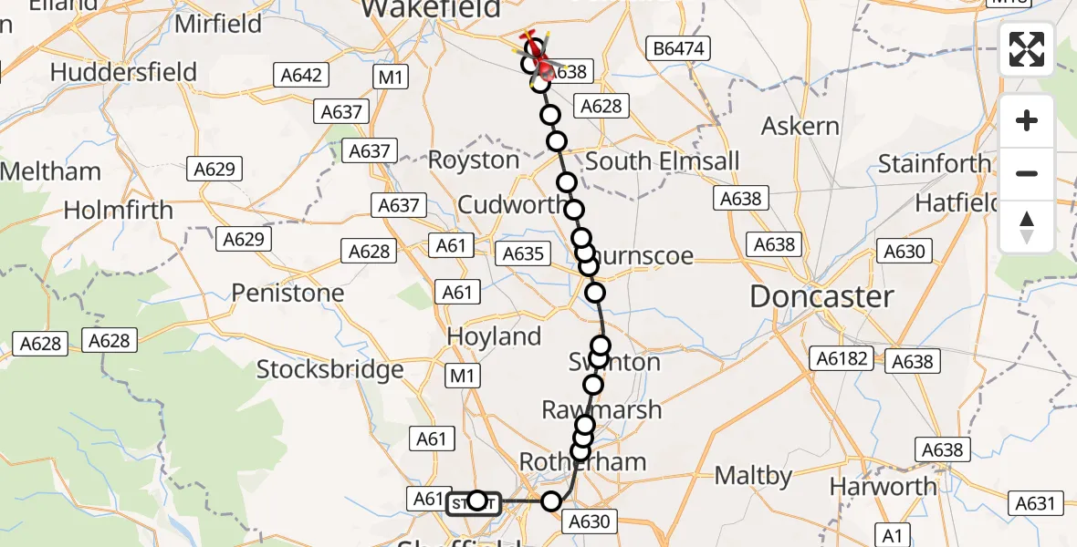 Flight route map: Air Ambulance Helicopter to YAA Nostell Helicopter Port, YAA Nostell Helicopter Port