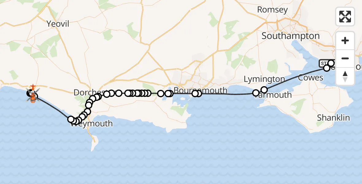 Flight route map: Coastguard Helicopter to Bridport, Quayside