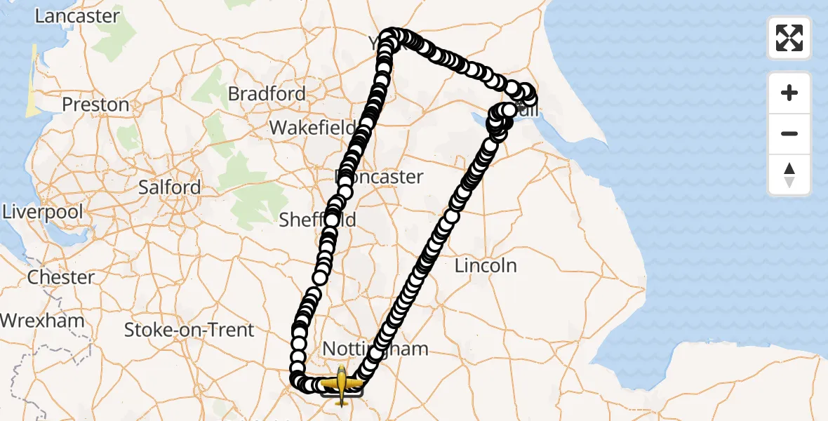 Flight route map: Police Aircraft to East Midlands Airport, East Midlands Airport
