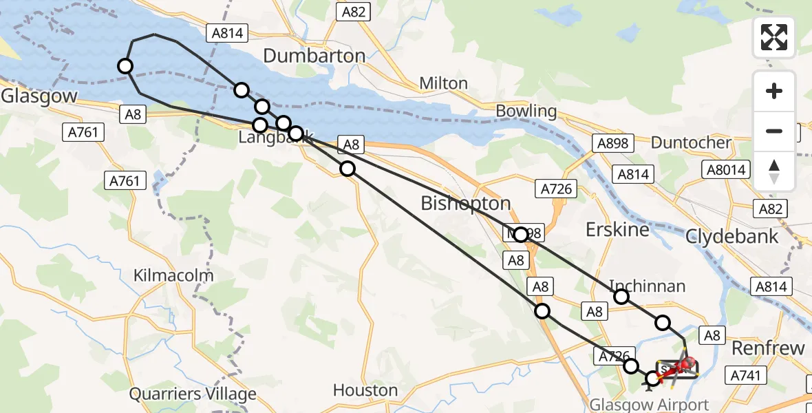 Flight path map showing Air Ambulance Helicopter route from Glasgow Airport to Glasgow Airport