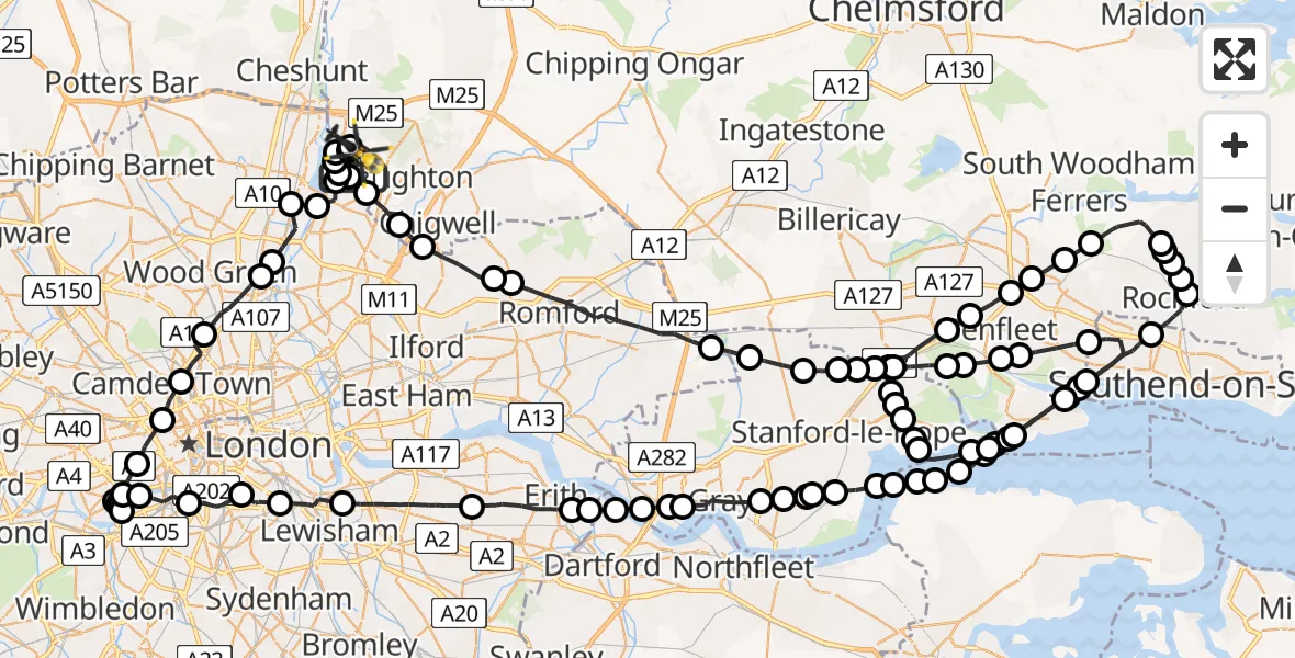 Flight route map: Police Helicopter to Sewardstonebury, Green Lane