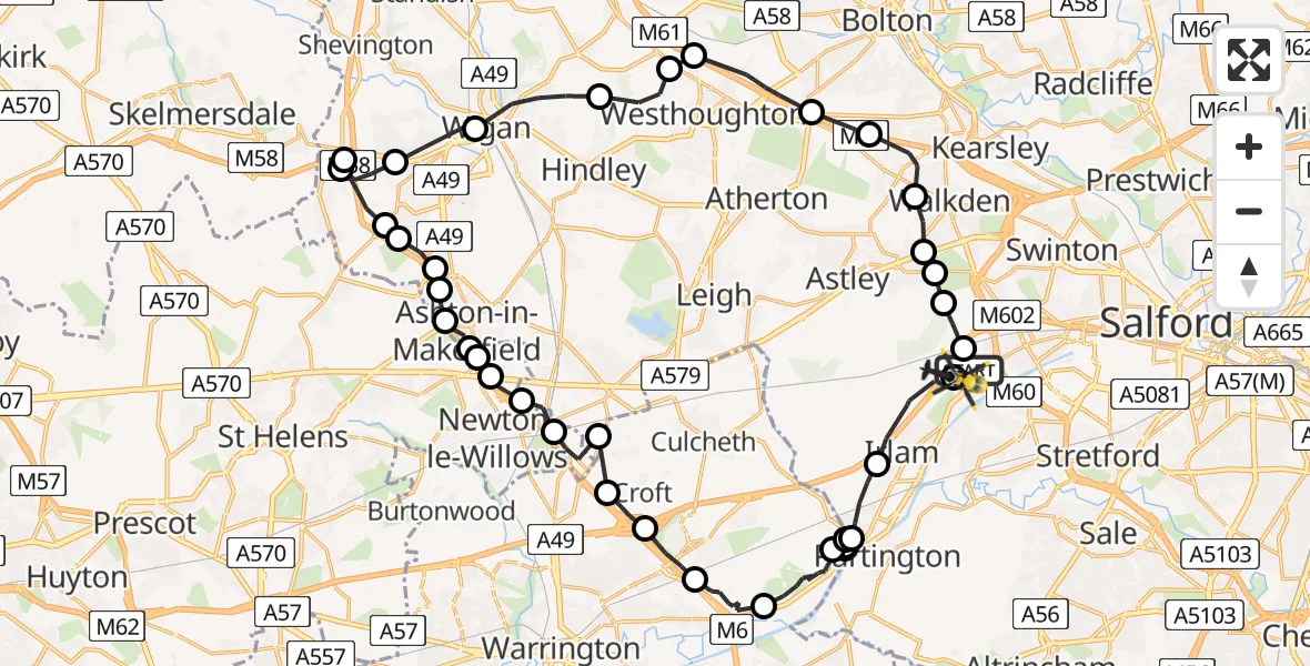 Flight path map showing Police Helicopter route from Manchester Barton Aerodrome to Manchester Barton Aerodrome