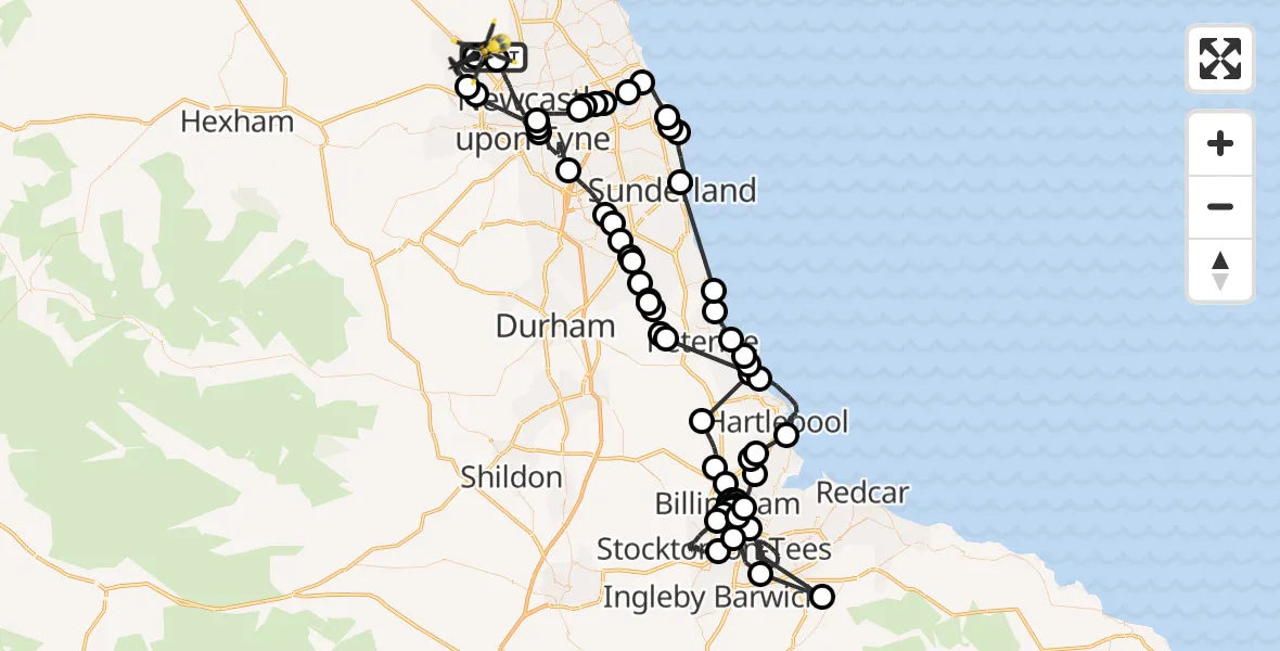 Flight route map: Police Helicopter to Newcastle International Airport, Newcastle International Airport