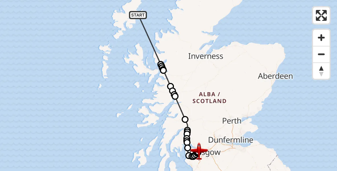 Flight path map showing Air Ambulance Aircraft route from Inner Seas to Glasgow Airport