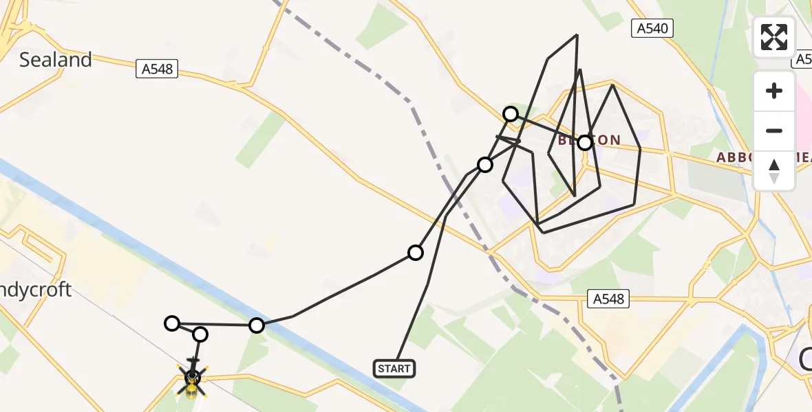 Flight route map: Police Helicopter to Sandycroft, B5129