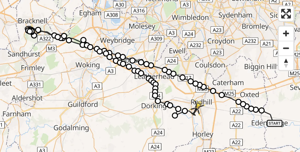 Routekaart van de vlucht: Police Helicopter to Redhill, Rosemead Close