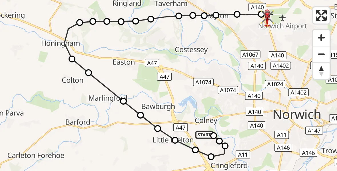 Flight route map: Air Ambulance Helicopter to Norwich Airport, Norwich Airport