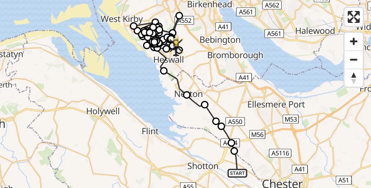 Routekaart van de vlucht: Police Helicopter to Barnston, Barnston Road